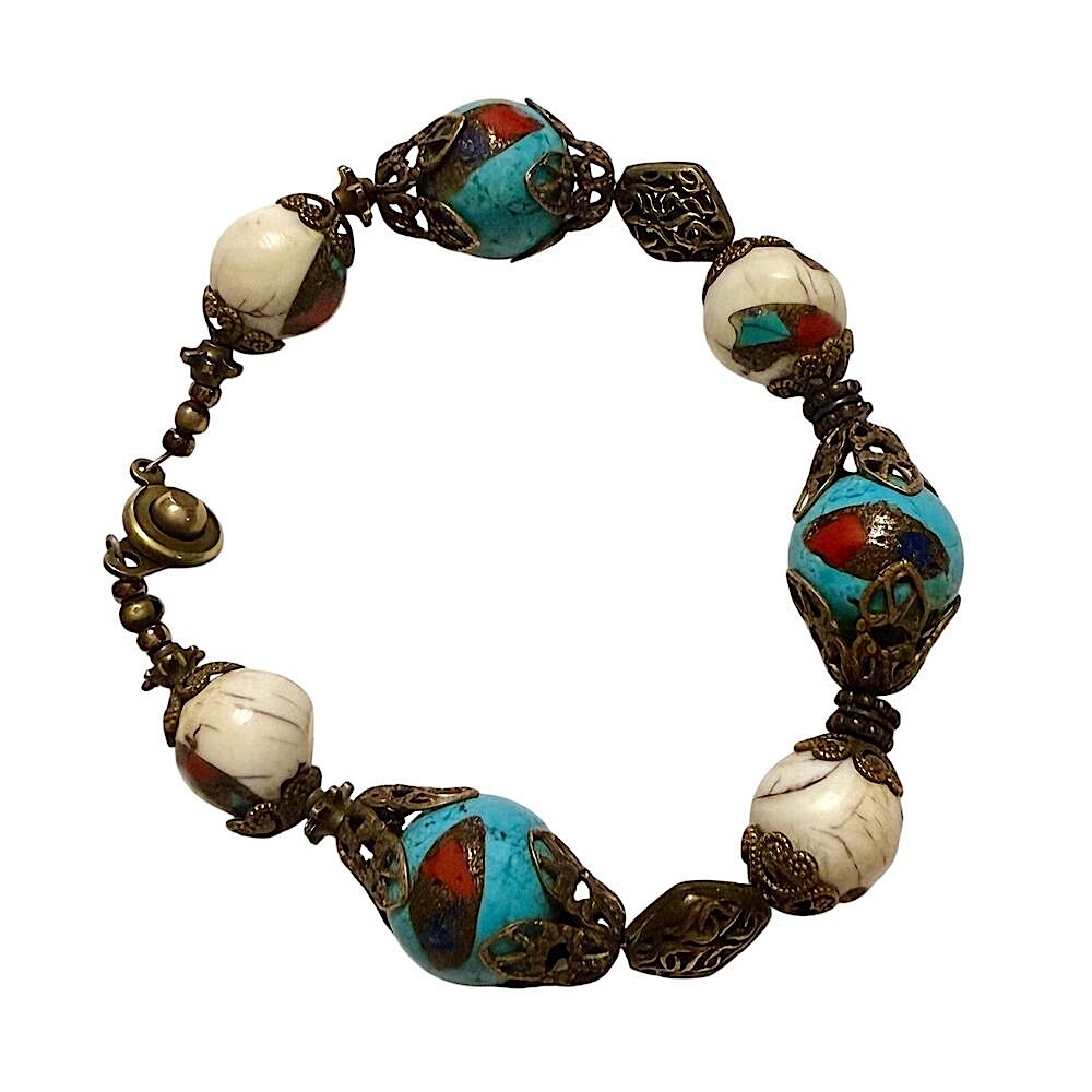 Unique Tibetan Coral Inlay Beaded Bracelet